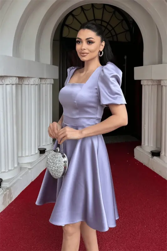 Атласное Платье Мини с Рукавами-Буфами - ЛИЛА - 4