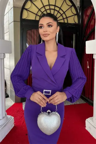 Атласное Платье-Пиджак с Плиссированными Рукавами - ФИОЛЕТОВЫЙ - 4