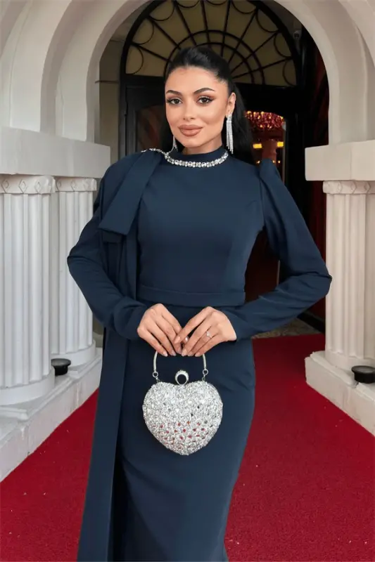 Атласное Платье-Русалка с Деталью Шали на Плечах - ТЕМНО-СИНИЙ - 8