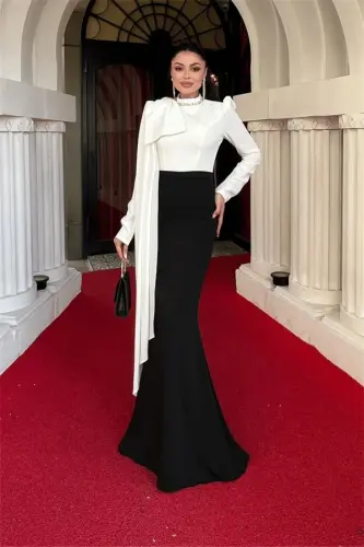 Атласное Платье-Русалка с Деталью Шали на Плече - ЧЕРНЫЙ - 6