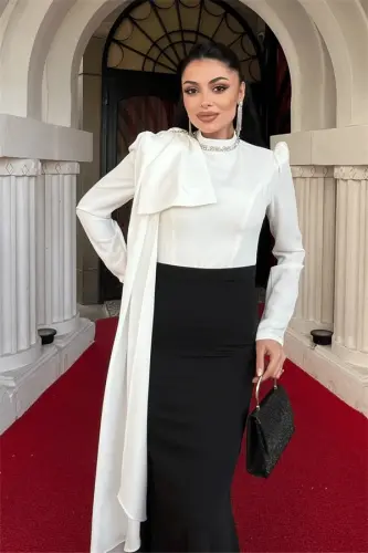 Атласное Платье-Русалка с Деталью Шали на Плече - ЧЕРНЫЙ - 9