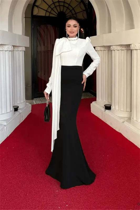 Атласное Платье-Русалка с Деталью Шали на Плече - ЧЕРНЫЙ - BÜYÜKBEDENIZ