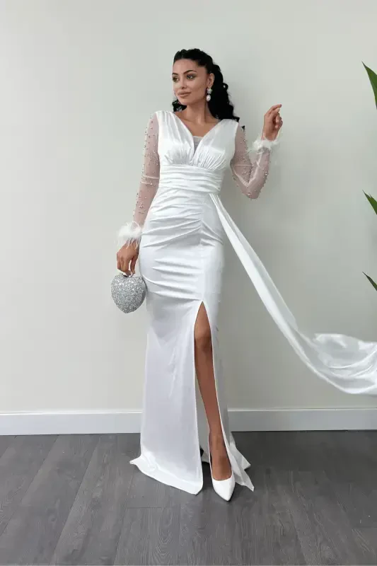Атласное Платье Русалка с Отделкой из Бусин и Отделкой из Перьев на Рукавах - БЕЛЫЙ-БЕЛЫЙ - 2