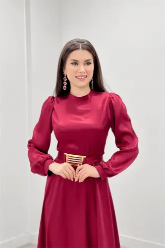 Атласное платье с поясом - БОРДО - 9