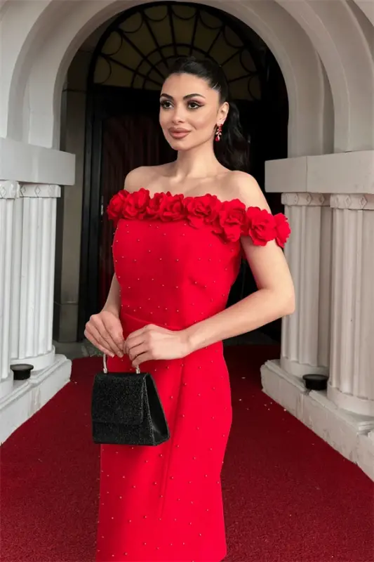 Атласное Ткань Цветочный Жемчуг Деталь Карандаш Платье - КРАСНЫЙ - 4