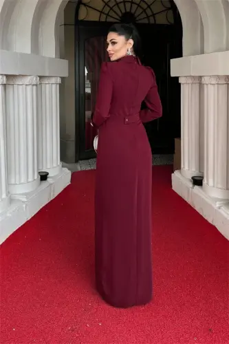 Атласное Вечернее Платье с Деталями на Манжетах - БОРДО - 10