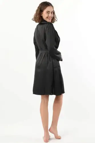 Атласный ночной комплект с оборками и халатом, свадебный комплект для приданого, 6 шт. C.8.L.0.R.0.63-Черный - ALISSA (1)