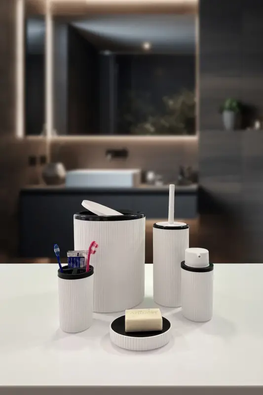 Auaro 5 Parça Beyaz Çizgili Siyah Kapaklı Yuvarlak 5'li Banyo Seti-Beyaz Zebra - 1