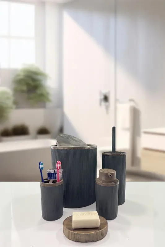 Auaro 5 Parça Gri Çizgili Kahverengi Akrilik Desenli Yuvarlak 5'li Banyo Seti-Gri Kahverengi - 2