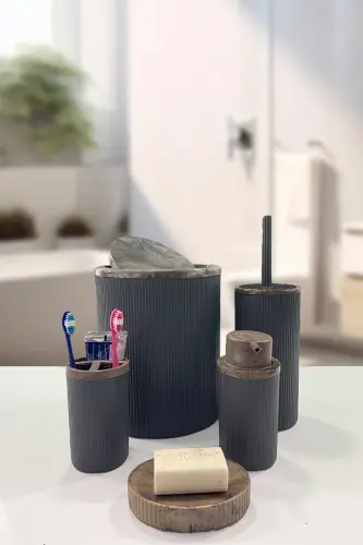 Auaro 5 Parça Gri Çizgili Kahverengi Akrilik Desenli Yuvarlak 5'li Banyo Seti-Gri Kahverengi - 3