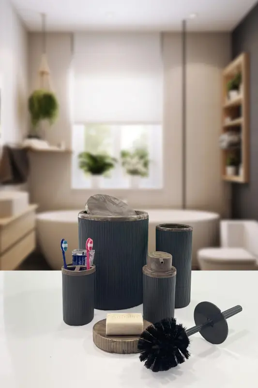 Auaro 5 Parça Gri Çizgili Kahverengi Akrilik Desenli Yuvarlak 5'li Banyo Seti-Gri Kahverengi - BİLTAŞ PLASTİK