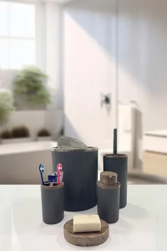 Auaro 5 Parça Gri Çizgili Kahverengi Akrilik Desenli Yuvarlak 5'li Banyo Seti-Gri Kahverengi - BİLTAŞ PLASTİK (1)