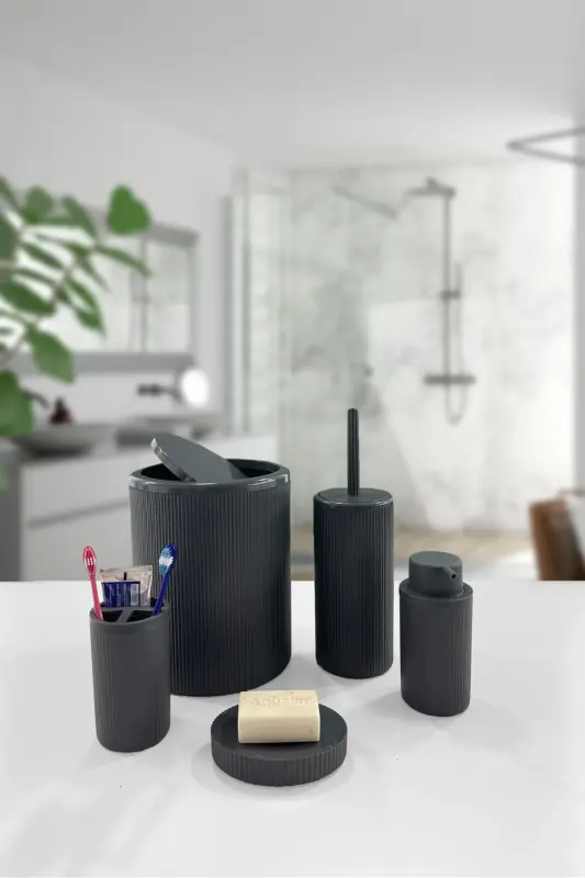 Auaro 5 Parça Gri Çizgili Yuvarlak 5'li Eco Banyo Seti-Gri - BİLTAŞ PLASTİK