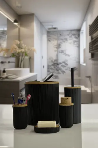 Auaro 5 Parça Siyah Çizgili Bambu Kapaklı Yuvarlak 5'li Banyo Seti-Siyah Bambu 