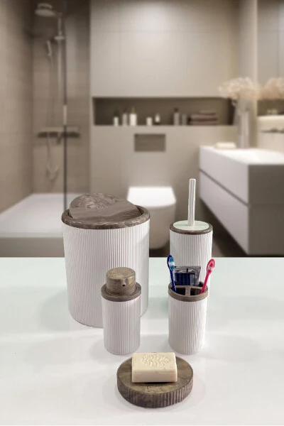 Auaro 5 Piece White Striped Brown Acrylic Patterned Round 5-Piece Bathroom Set - BİLTAŞ PLASTİK