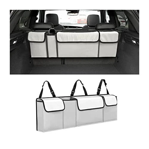 AUCELI Car Trunk Organizer, Backseat Hanging Large Storage with Adjustable Straps, Waterproof Collapsible Cargo Bag with 4 Pockets, Sturdy Space Saver Frees Trunk Floor for SUV, Truck, MPV - AUCELI
