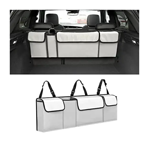 AUCELI Car Trunk Organizer, Backseat Hanging Large Storage with Adjustable Straps, Waterproof Collapsible Cargo Bag with 4 Pockets, Sturdy Space Saver Frees Trunk Floor for SUV, Truck, MPV 