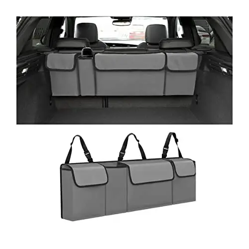 AUCELI Car Trunk Organizer, Backseat Hanging Large Storage with Adjustable Straps, Waterproof Collapsible Cargo Bag with 4 Pockets, Sturdy Space Saver Frees Trunk Floor for SUV, Truck, MPV 