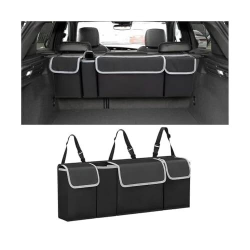 AUCELI Car Trunk Organizer, Backseat Hanging Large Storage with Adjustable Straps, Waterproof Collapsible Cargo Bag with 4 Pockets, Sturdy Space Saver Frees Trunk Floor for SUV, Truck, MPV - AUCELI