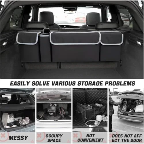 AUCELI Car Trunk Organizer, Backseat Hanging Large Storage with Adjustable Straps, Waterproof Collapsible Cargo Bag with 4 Pockets, Sturdy Space Saver Frees Trunk Floor for SUV, Truck, MPV - 3