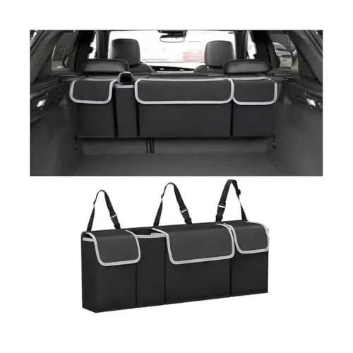 AUCELI Car Trunk Organizer, Hanging Backseat Storage Bag, Black | Backseat hanging trunk organizer with 4 Pockets, waterproof collapsible cargo bag, adjustable straps, Universal accessories - AUCELI