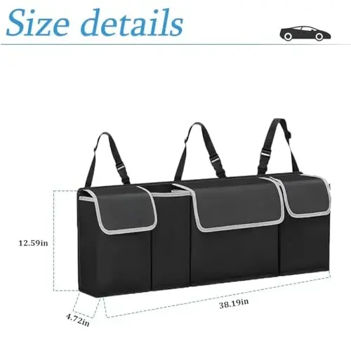 AUCELI Car Trunk Organizer, Hanging Backseat Storage Bag, Black | Backseat hanging trunk organizer with 4 Pockets, waterproof collapsible cargo bag, adjustable straps, Universal accessories - 2