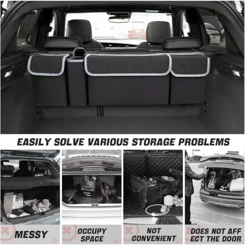 AUCELI Car Trunk Organizer, Hanging Backseat Storage Bag, Black | Backseat hanging trunk organizer with 4 Pockets, waterproof collapsible cargo bag, adjustable straps, Universal accessories - 3