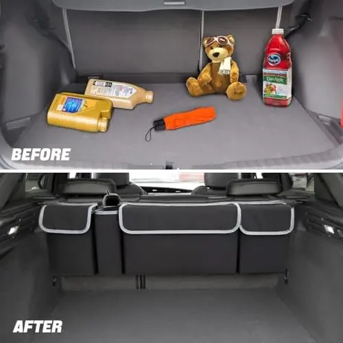 AUCELI Car Trunk Organizer, Hanging Backseat Storage Bag, Black | Backseat hanging trunk organizer with 4 Pockets, waterproof collapsible cargo bag, adjustable straps, Universal accessories - 4