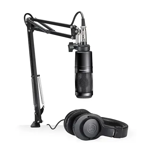 Audio-Technica AT2020PK Ovoz Mikrofon Paketi Strimg/Podkast uchun, XLR Kardioid Kondenser Mik, Sozlanishi Mumkin Bo'lgan Boom Arm va Monitor Eshitish Vositalari, Qora 