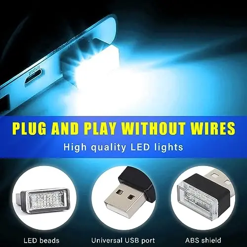 Augeny 4 PCS USB LED Car Interior Atmosphere Lamp, Plug-in USB Decor Night Light, Portable Auto Ambient Lighting Kit, Universal Vehicle Interior Accessories for Most Cars (White+Red+Blue+Ice Blue) - 3