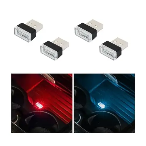 Augeny 4 PCS USB LED Car Interior Atmosphere Lamp, Plug-in USB Decor Night Light, Portable Auto Ambient Lighting Kit, Universal Vehicle Interior Accessories for Most Cars (2 Red+2 Ice Blue) - 1