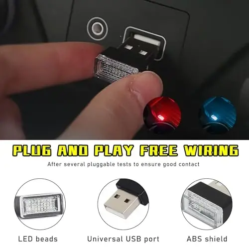 Augeny 4 PCS USB LED Car Interior Atmosphere Lamp, Plug-in USB Decor Night Light, Portable Auto Ambient Lighting Kit, Universal Vehicle Interior Accessories for Most Cars (2 Red+2 Ice Blue) - 3