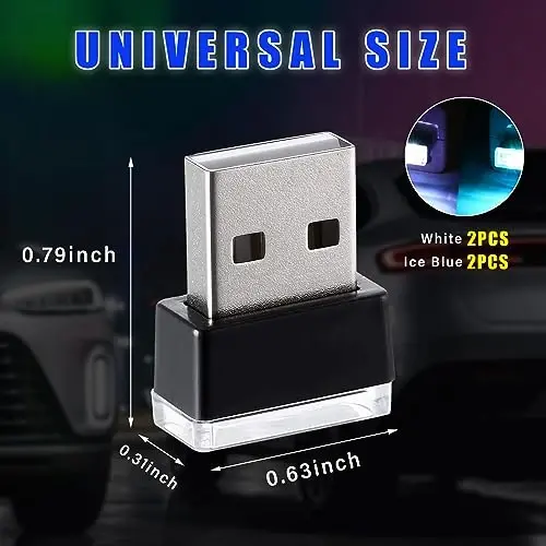 Augeny 4 PCS USB LED Car Interior Atmosphere Lamp, Plug-in USB Decor Night Light, Portable Auto Ambient Lighting Kit, Universal Vehicle Interior Accessories for Most Cars (White & Ice Blue) - 2