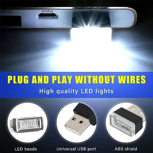 Augeny 4 PCS USB LED Car Interior Atmosphere Lamp, Plug-in USB Decor Night Light, Portable Auto Ambient Lighting Kit, Universal Vehicle Interior Accessories for Most Cars (White & Blue) - 3