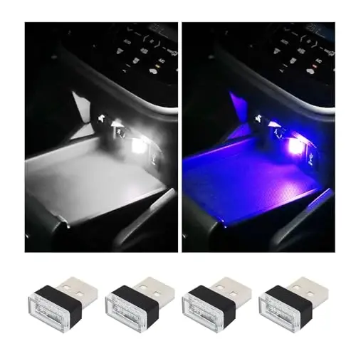 Augeny 4 PCS USB LED Car Interior Atmosphere Lamp, Plug-in USB Decor Night Light, Portable Auto Ambient Lighting Kit, Universal Vehicle Interior Accessories for Most Cars (White & Blue) - 1