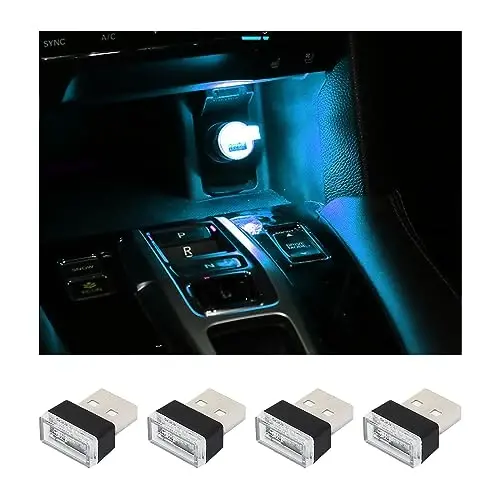 Augeny 4 PCS USB LED Car Interior Atmosphere Lamp, Plug-in USB Decor Night Light, Portable Auto Ambient Lighting Kit, Universal Vehicle Interior Accessories for Most Cars (Ice Blue) - 1