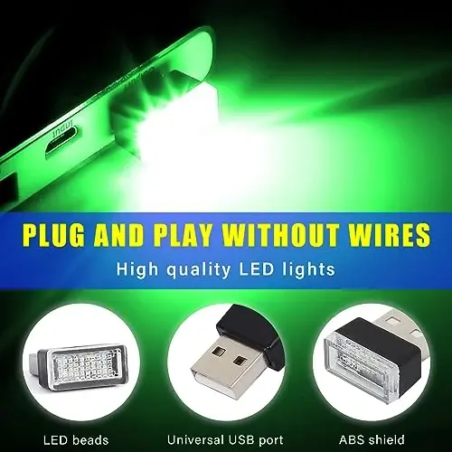 Augeny 4 PCS USB LED Car Interior Atmosphere Lamp, Plug-in USB Decor Night Light, Portable Auto Ambient Lighting Kit, Universal Vehicle Interior Accessories for Most Cars (Green) - 3