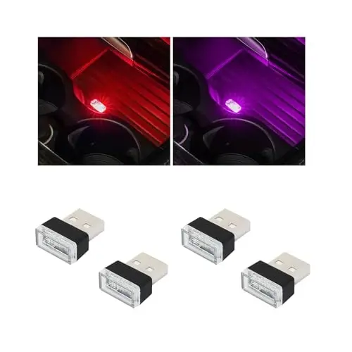 Augeny 4 PCS USB LED Car Interior Atmosphere Lamp, Plug-in USB Decor Night Light, Portable Auto Ambient Lighting Kit, Universal Vehicle Interior Accessories for Most Cars (2 Red+2 Purple) 