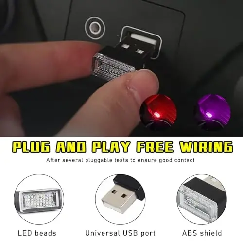 Augeny 4 PCS USB LED Car Interior Atmosphere Lamp, Plug-in USB Decor Night Light, Portable Auto Ambient Lighting Kit, Universal Vehicle Interior Accessories for Most Cars (2 Red+2 Purple) - 3