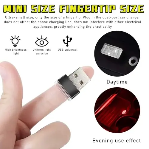 Augeny 4 PCS USB LED Car Interior Atmosphere Lamp, Plug-in USB Decor Night Light, Portable Auto Ambient Lighting Kit, Universal Vehicle Interior Accessories for Most Cars (2 Red+2 Purple) - 5