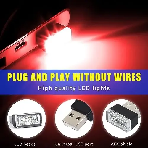 Augeny 4 PCS USB LED Car Interior Atmosphere Lamp, Plug-in USB Decor Night Light, Portable Auto Ambient Lighting Kit, Universal Vehicle Interior Accessories for Most Cars (Red) - 3