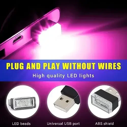 Augeny 4 PCS USB LED Car Interior Atmosphere Lamp, Plug-in USB Decor Night Light, Portable Auto Ambient Lighting Kit, Universal Vehicle Interior Accessories for Most Cars (Purple) - 3