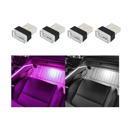 Augeny 4 PCS USB LED Car Interior Atmosphere Lamp, Plug-in USB Decor Night Light, Portable Auto Ambient Lighting Kit, Universal Vehicle Interior Accessories for Most Cars (White & Purple) - 1