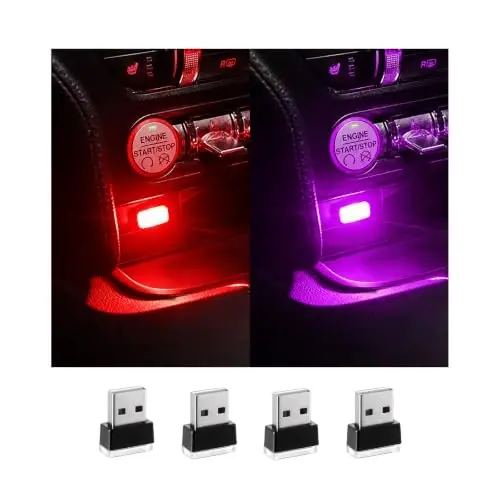 Augeny 4 dona USB LED Avtomobil ichki atmosfera chirog'i, Plug-in USB dekorativ tungi chiroq, Portativ Avto Ambient yoritish to'plami, Ko'pgina avtomobillar uchun universal transport vositasi ichki aksessuarlari (2 qizil+2 binafsha) 