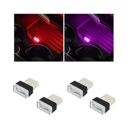 Augeny 4 dona USB LED Avtomobil ichki atmosfera chirog'i, Plug-in USB dekorativ tungi chiroq, Portativ Avto Ambient yoritish to'plami, Ko'pgina avtomobillar uchun universal transport vositasi ichki aksessuarlari (2 qizil+2 binafsha) - 1