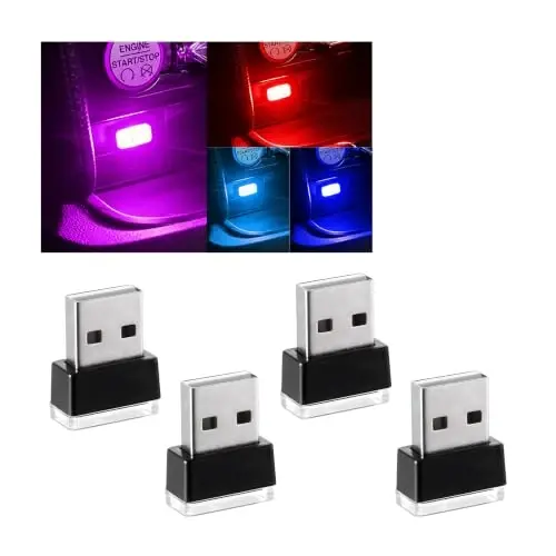 Augeny 4 dona USB LED avtomobil ichki atmosfera chirog'i, Plug-in USB dekorativ tungi chiroq, Portativ avto muhit yoritish to'plami, Ko'pgina avtomobillar uchun universal avtomobil ichki aksessuarlari (ko'k+muz ko'k+qizil+binafsha) 