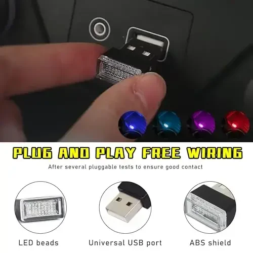 Augeny 4 dona USB LED avtomobil ichki atmosfera chirog'i, Plug-in USB dekorativ tungi chiroq, Portativ avto muhit yoritish to'plami, Ko'pgina avtomobillar uchun universal avtomobil ichki aksessuarlari (ko'k+muz ko'k+qizil+binafsha) - 3