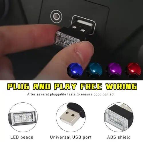 Augeny 4 dona USB LED avtomobil ichki atmosfera chirog'i, Plug-in USB dekorativ tungi chiroq, Portativ avto muhit yoritish to'plami, Ko'pgina avtomobillar uchun universal avtomobil ichki aksessuarlari (ko'k+muz ko'k+qizil+binafsha) - 3