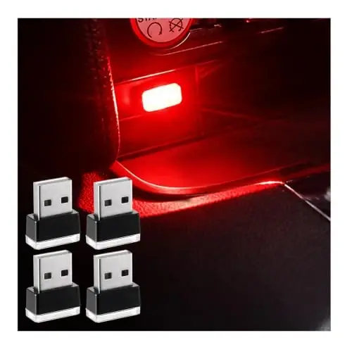 Augeny 4 dona USB LED avtomobil ichki atmosfera chirog'i, ulanadigan USB dekorativ tungi chiroq, portativ avto muhit yoritish to'plami, ko'pchilik avtomobillar uchun universal avtomobil ichki aksessuarlari (qizil) 