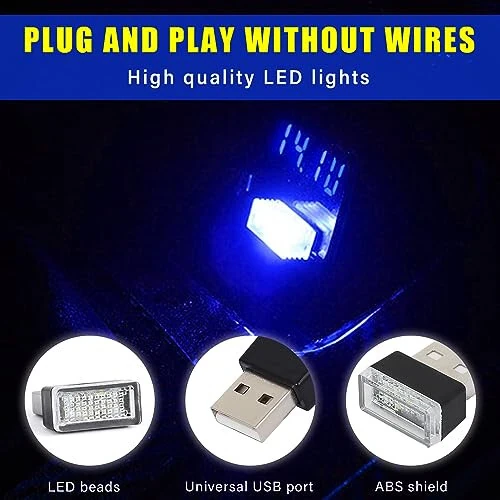 Augeny 4 dona USB LED Avtomobil Ichki Atmosfera Chiroqi, USBga Ulanadigan Dekorativ Tungi Chiroq, Ko'chma Avto Ambiyans Yoritish To'plami, Ko'pchilik Avtomobillar Uchun Universal Transport Ichki Aksessuarlari (Ko'k) - 3